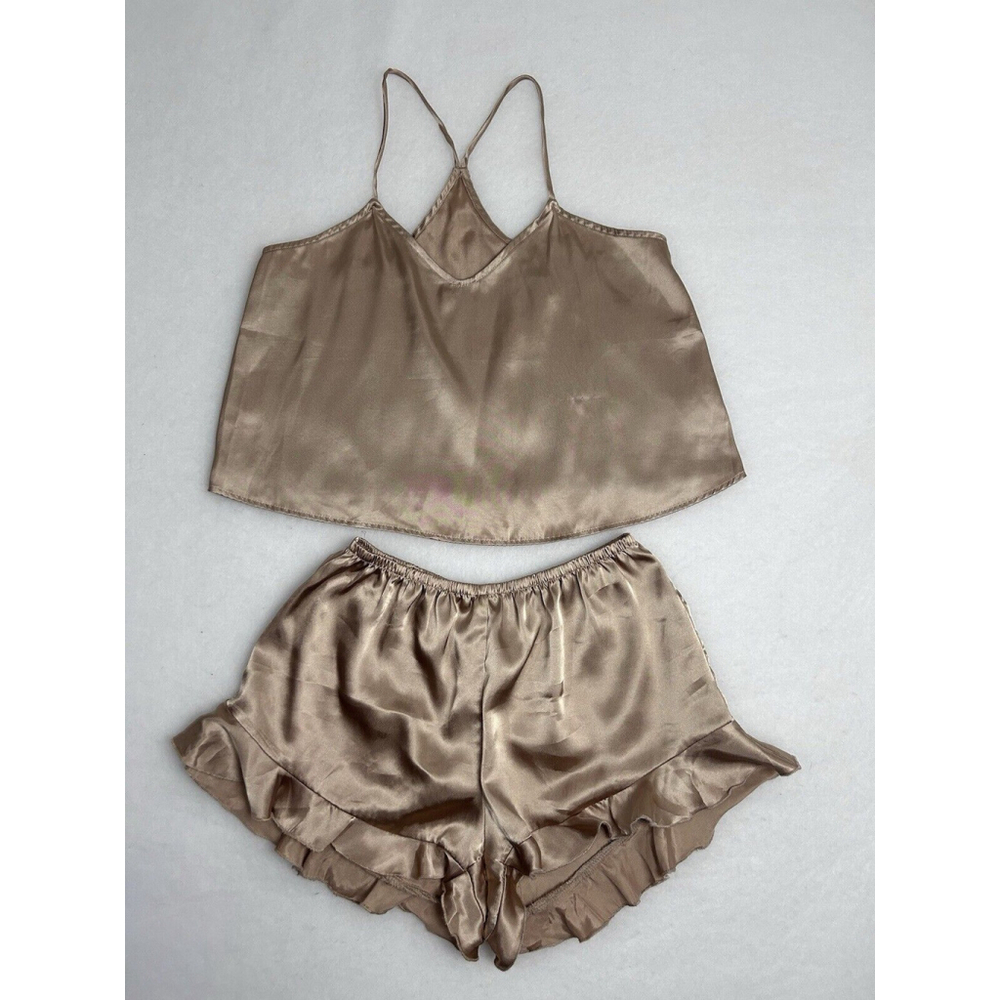 Lulu's Sweetest Dreams Satin Ruffled Gold Luxe Pajama 2-Pc Set Cami & Shorts